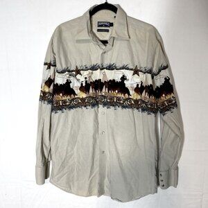 Vintage Panhandle Slim Beige Cowboy Horses Landscape Print Pearl Snap Shirt L